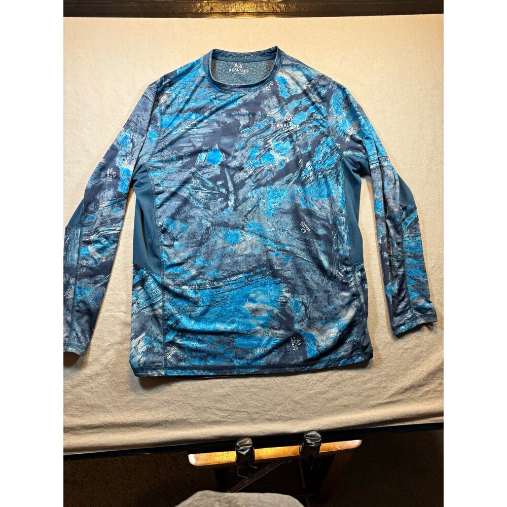 Realtree Fishing Men’s XL Blue/Gray Camo Long Sleeve Crew Neck Polyester Tee